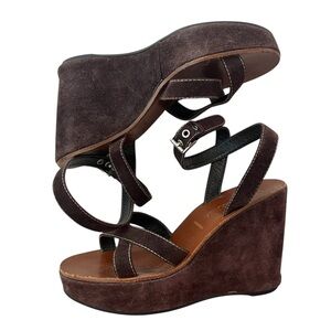 PRADA BROWN SUEDE ANKLE STRAP WEDGE HEEL SANDALS SIZE 6.5 WOMENS